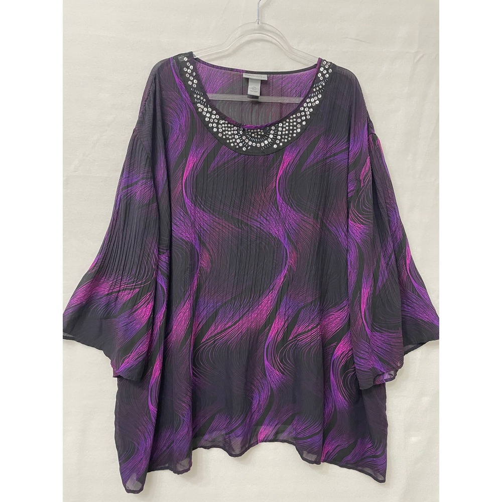 Maggie Barnes Catherines Blouse 3X Purple Black Abstract Sequin Neck Pleated Top